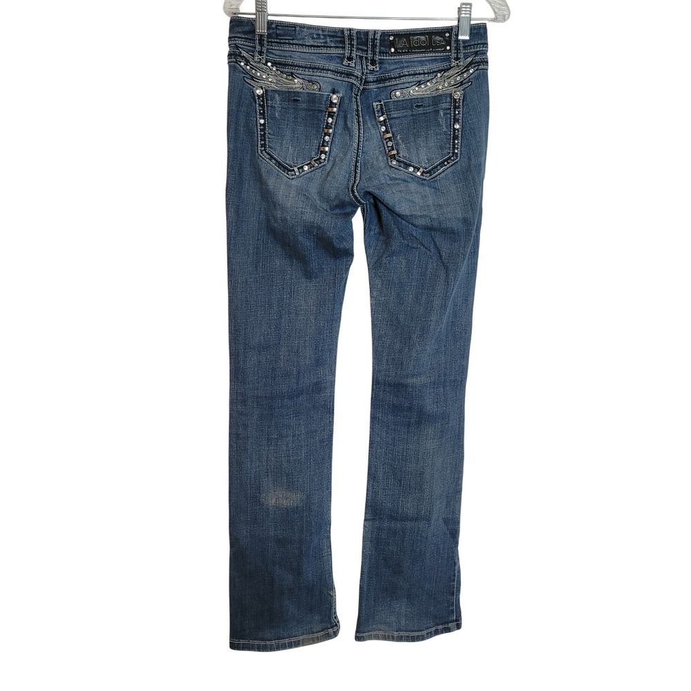 LA Idol USA Women Size 5 W29 L34 Blue Rhinestone Wing Bootcut Jeans Low Rise Y2K